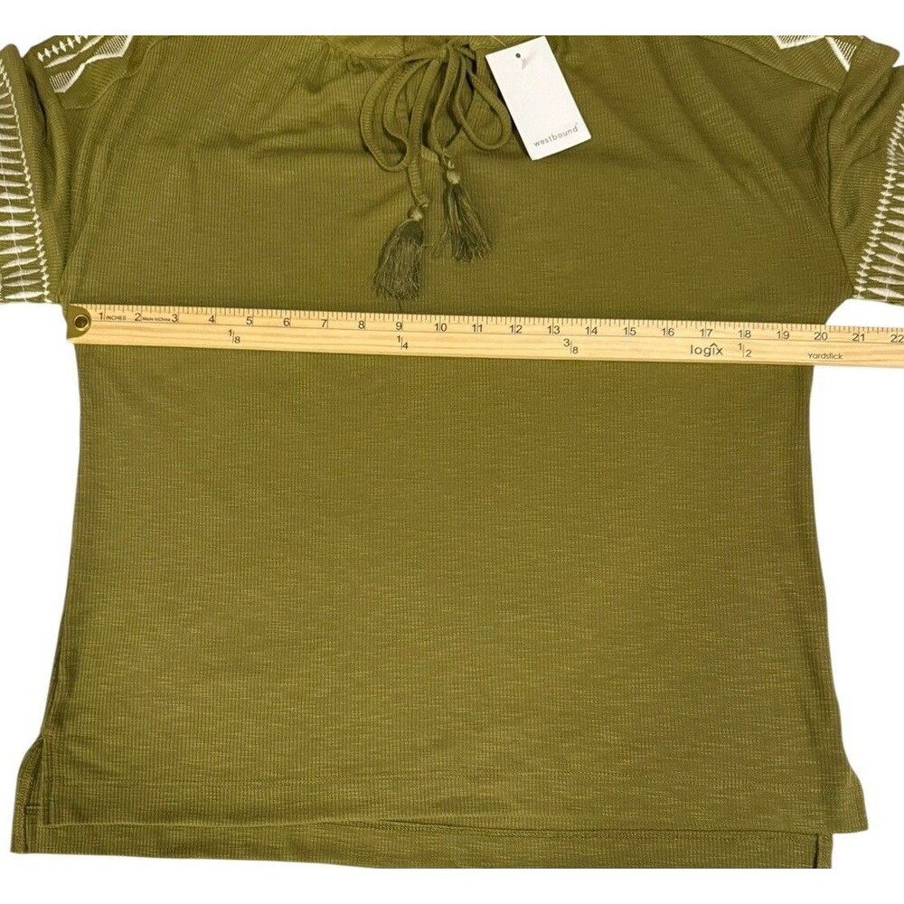 NWT Westbound S Small Olive Green Embroidered Ribbed Knit 3/4 Sleeve Peasant Top - Picture 7 of 10